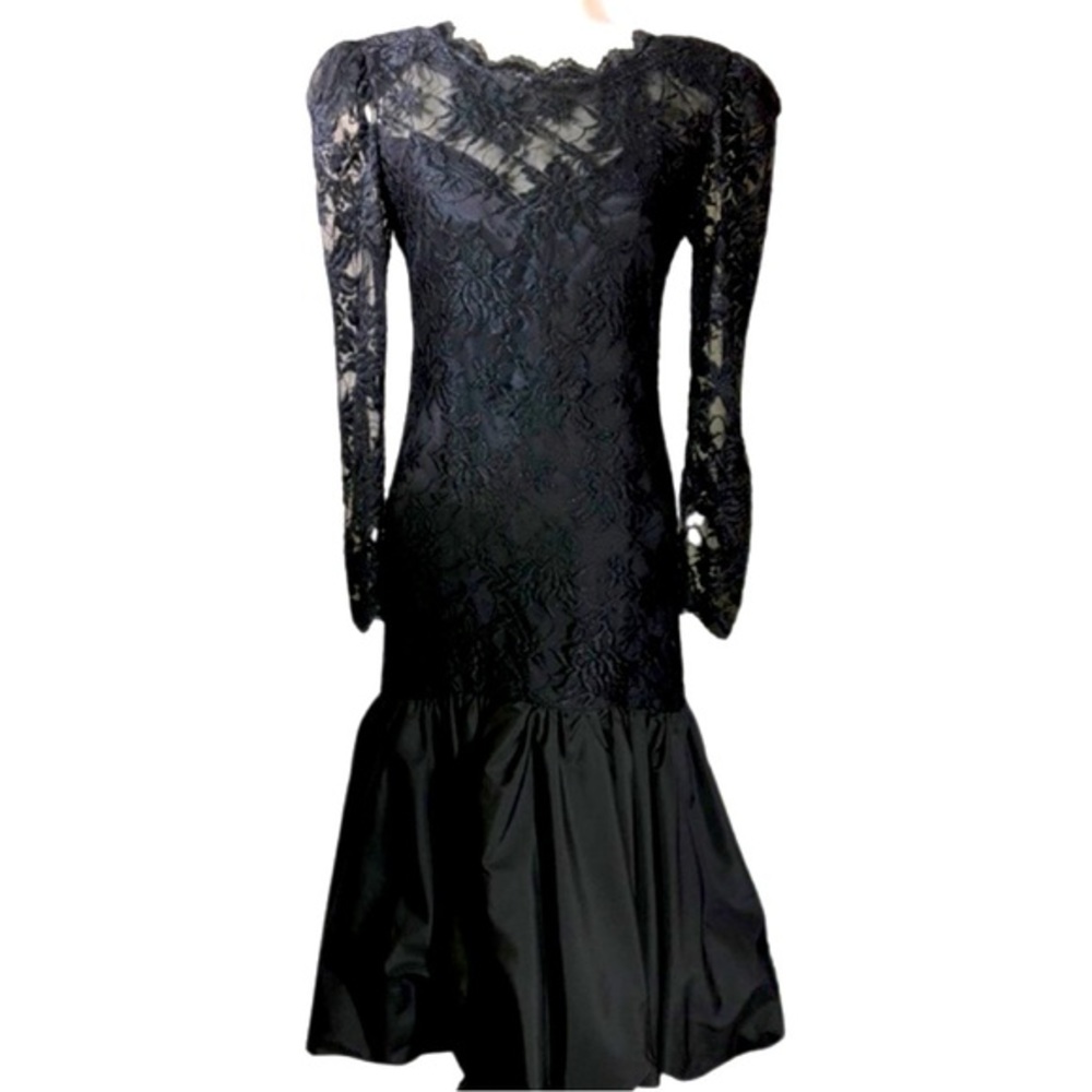 Vintage 1980's Black Balloon Lace Dress - Picture 1 of 12